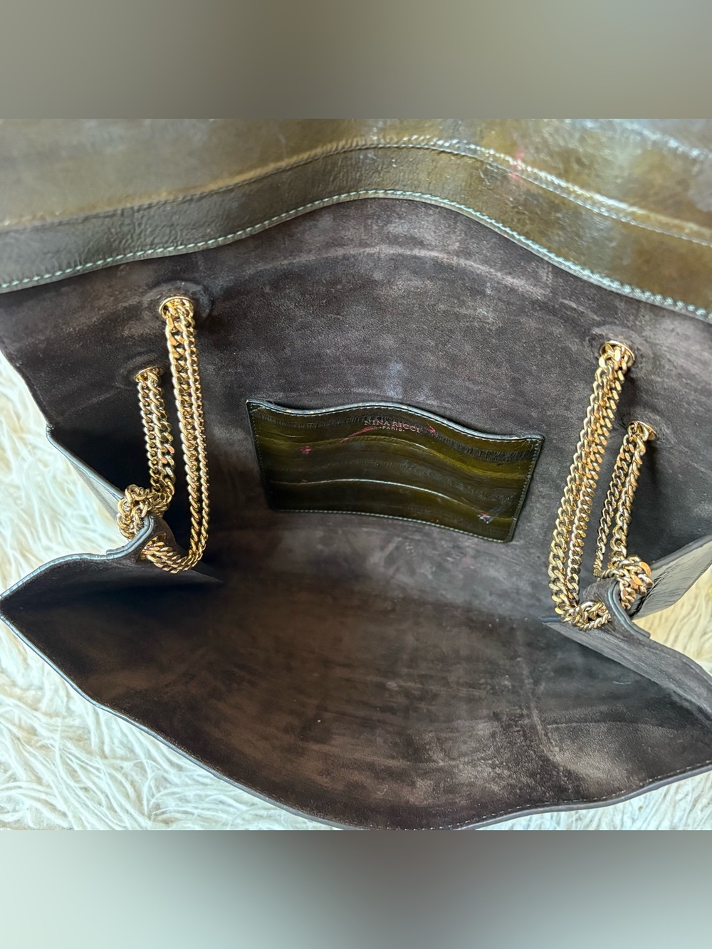 Nina Ricci Vintage Single Flap Convertible Eel Skin Brown Green Shoulder Bag EUC - Picture 7 of 10